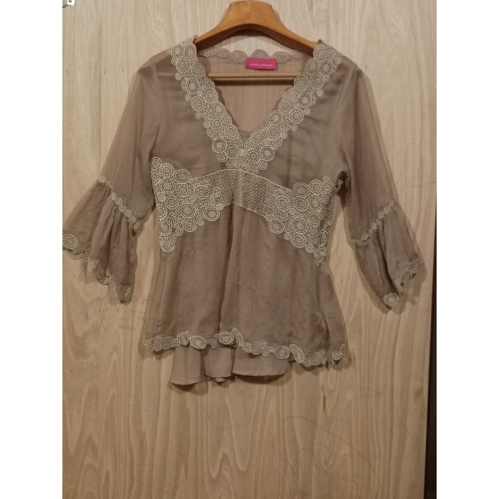 Pookie & Sebastian Beige Sheer Tunic Blouse Embroidered Circular Lace Trim Small
